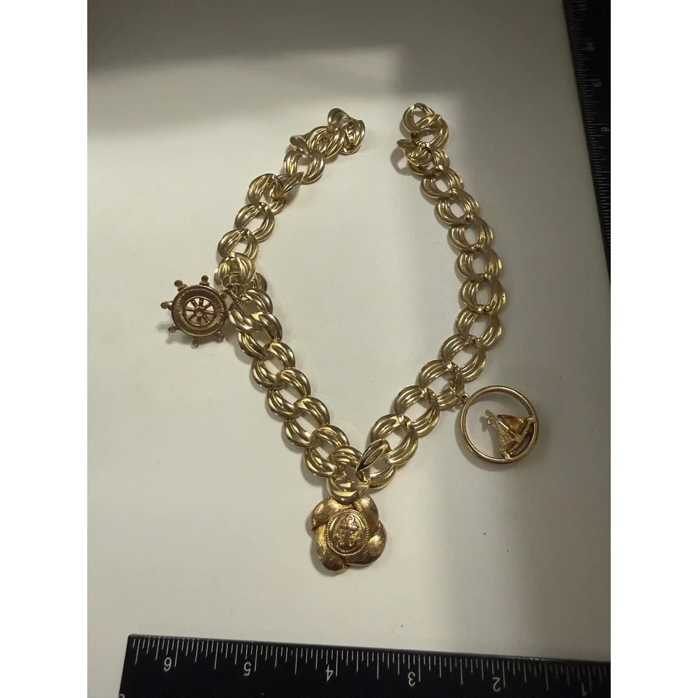Vintage Gold Tone Nautical‎ Charm Necklace Anchor Sailboat Ships Wheel Chunky